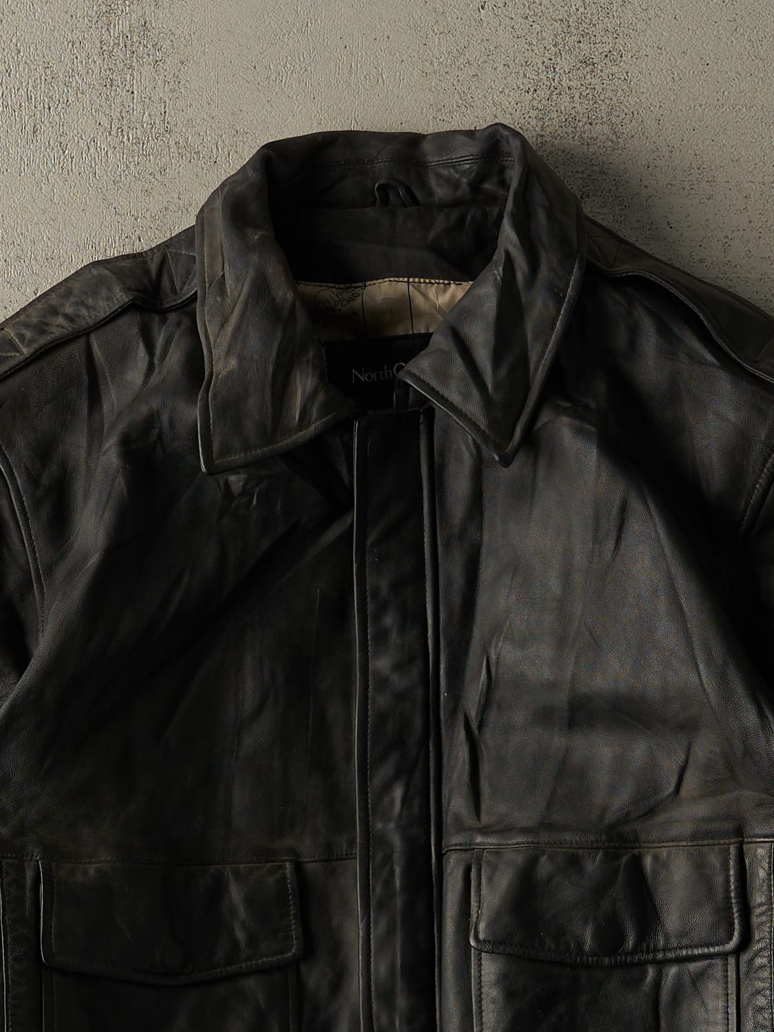 Vintage 90s Faded Black Leather Aviator Style Bomber Jacket (M/L)