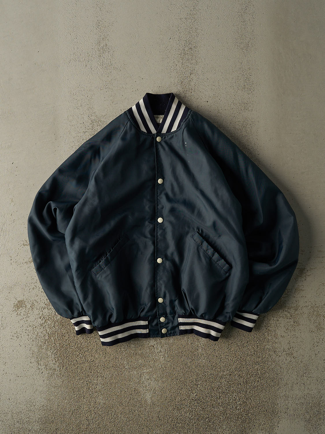 Vintage 80s Navy Blue Nylon Embroidered Varsity Bomber Jacket (M/L)