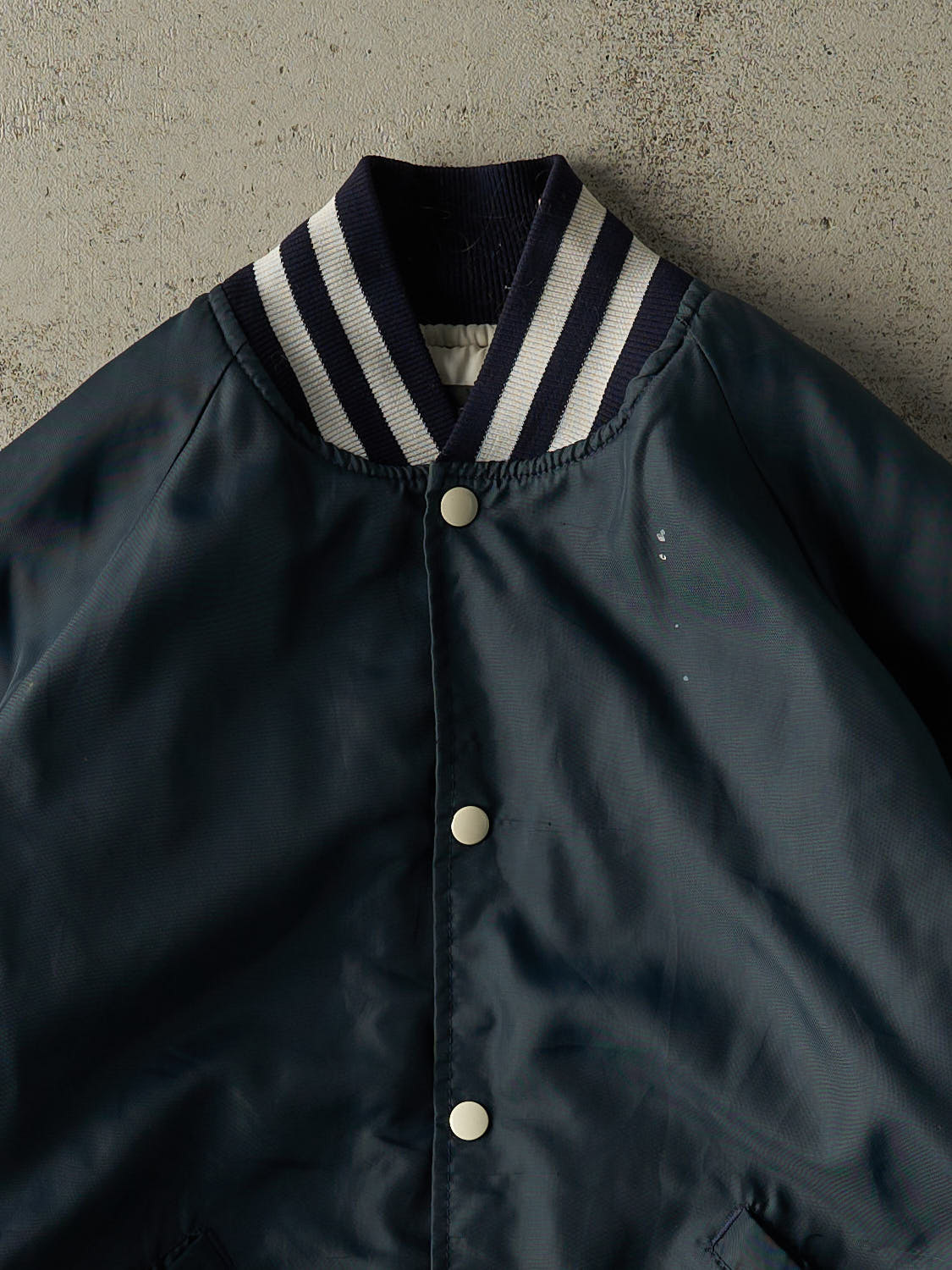 Vintage 80s Navy Blue Nylon Embroidered Varsity Bomber Jacket (M/L)