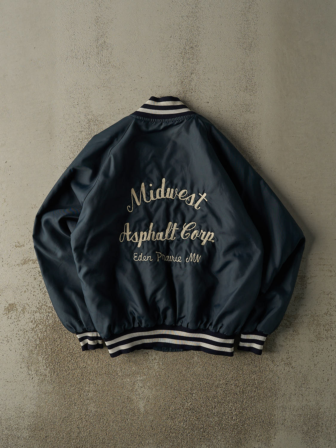 Vintage 80s Navy Blue Nylon Embroidered Varsity Bomber Jacket (M/L)