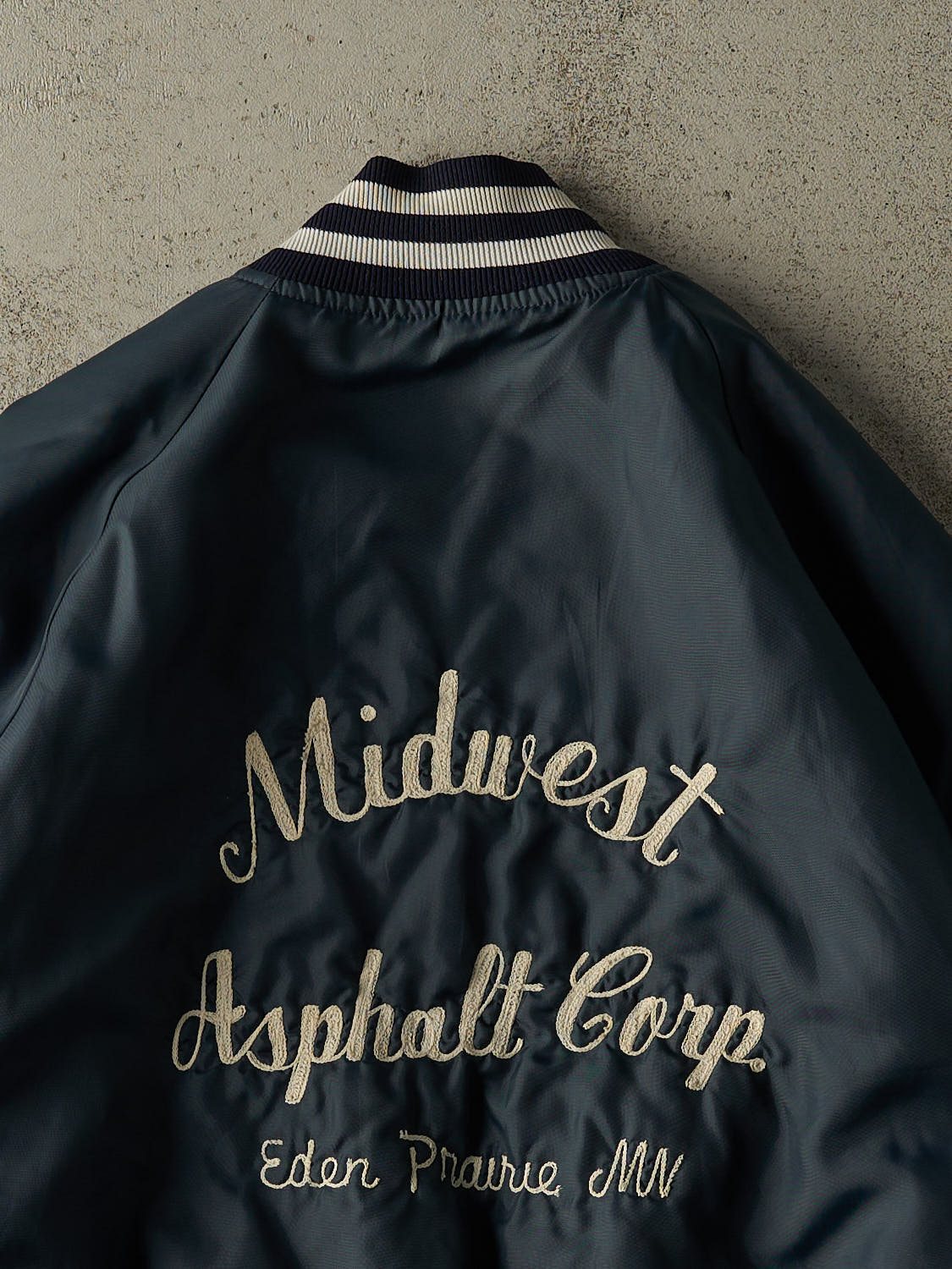 Vintage 80s Navy Blue Nylon Embroidered Varsity Bomber Jacket (M/L)