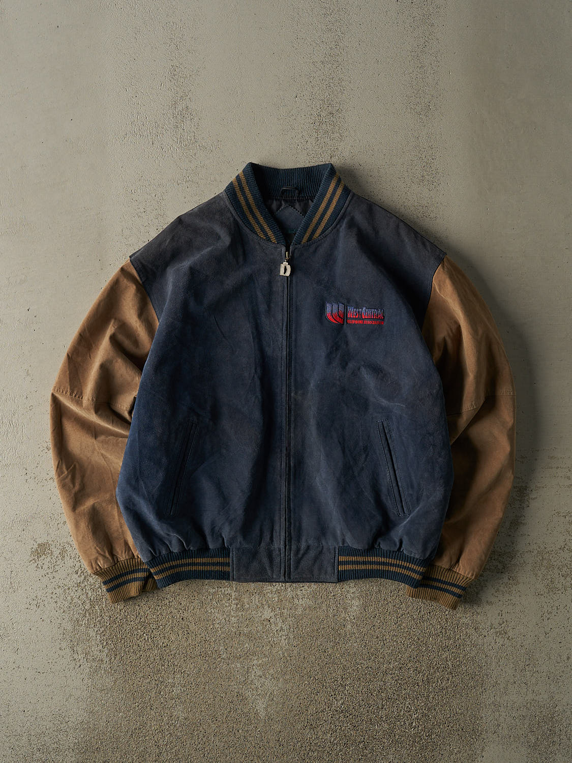 Vintage 90s Blue & Beige Embroidered Suede Bomber Jacket (XL)