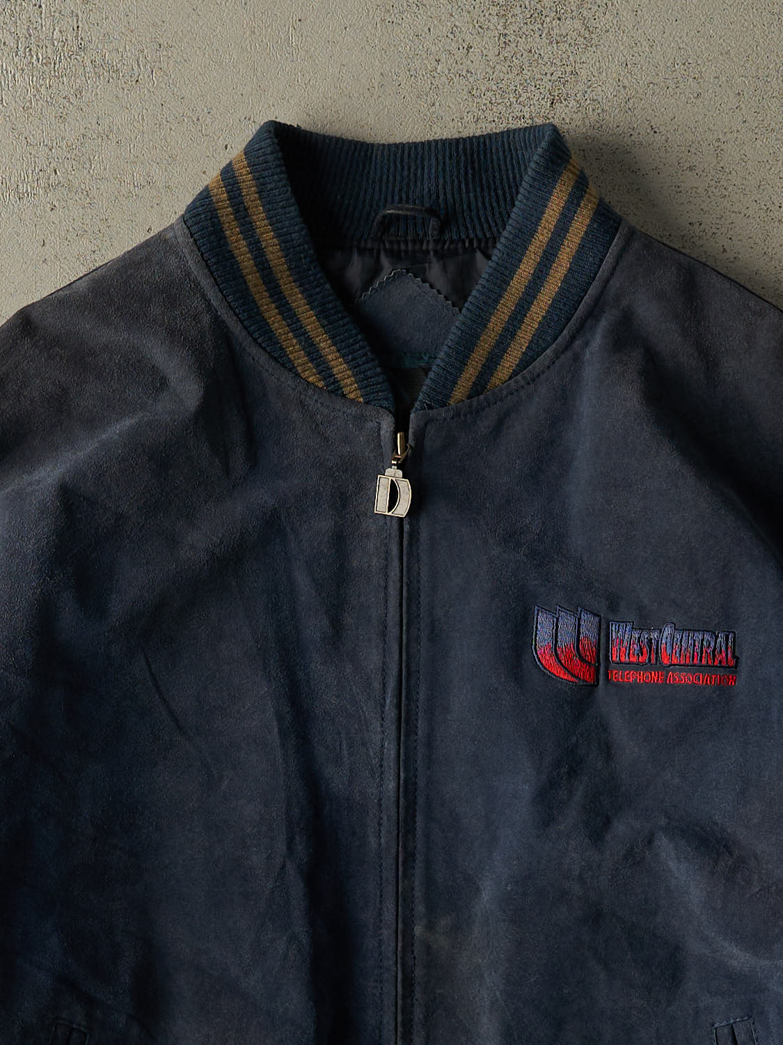 Vintage 90s Blue & Beige Embroidered Suede Bomber Jacket (XL)