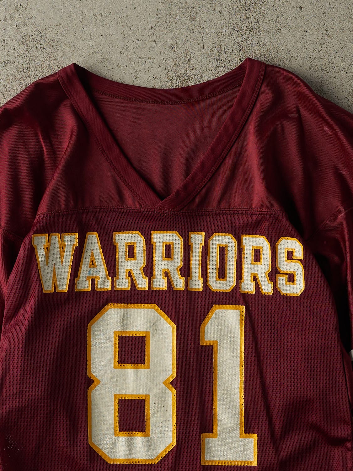 Vintage 90s Burgundy Russell Athletic Warriors Cropped Football Jersey (S)