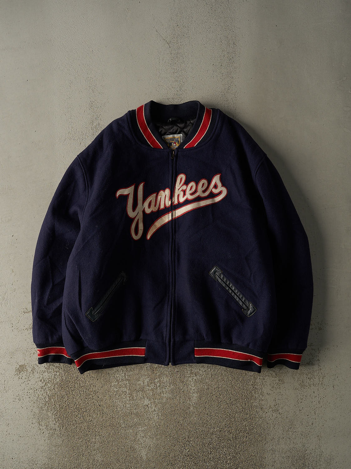 Vintage 90s Navy Blue New York Yankees Mitchell & Ness Zip Up Varsity Jacket (XXL/XXXL)