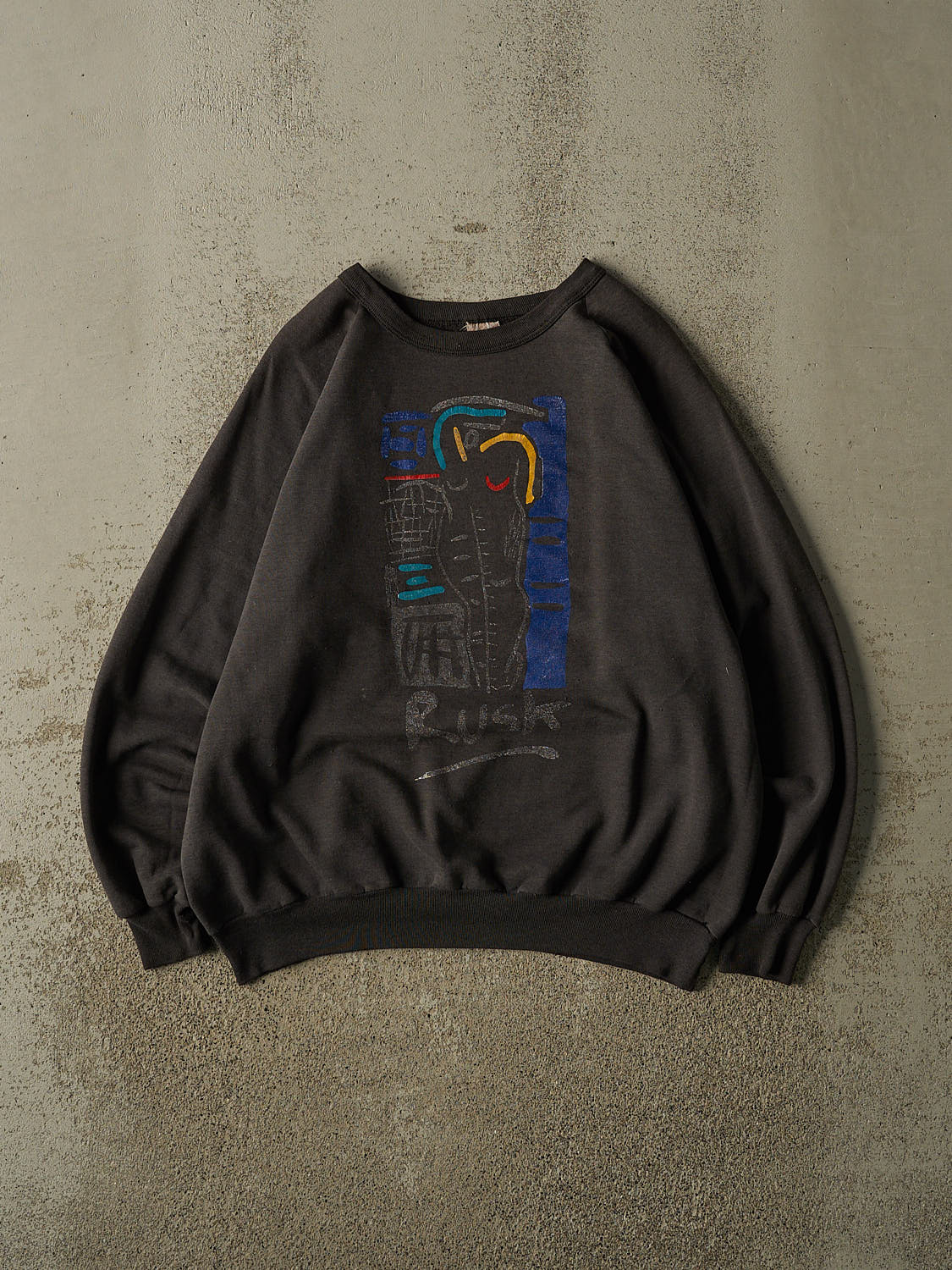 Vintage 80s RARE Faded Black Rusk Art Crewneck (L)