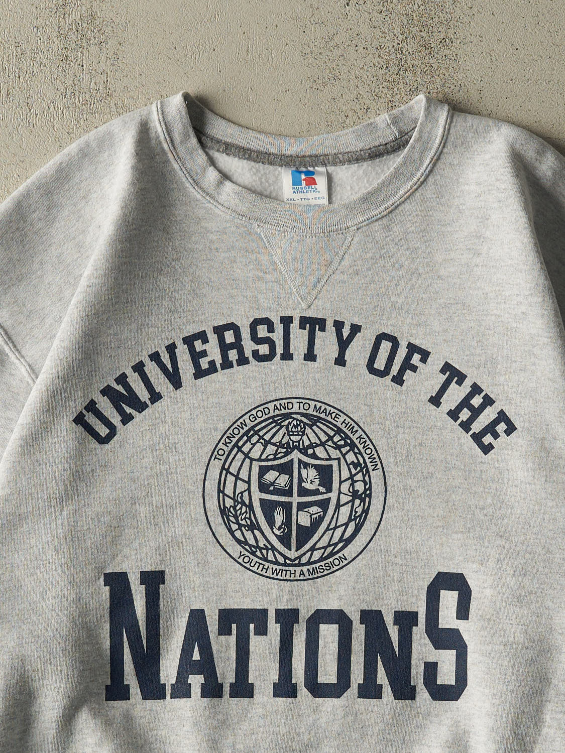 Vintage Y2K Heather Grey Russell Athletic University of The Nations Crewneck (XXL/XXXL)