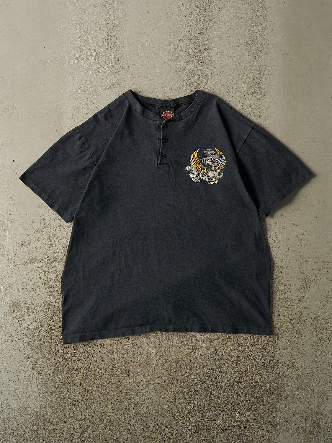 Vintage 90' Faded Black Harley Davidson Atlanta GA Quarter Button Single Stitch Tee (L/XL)