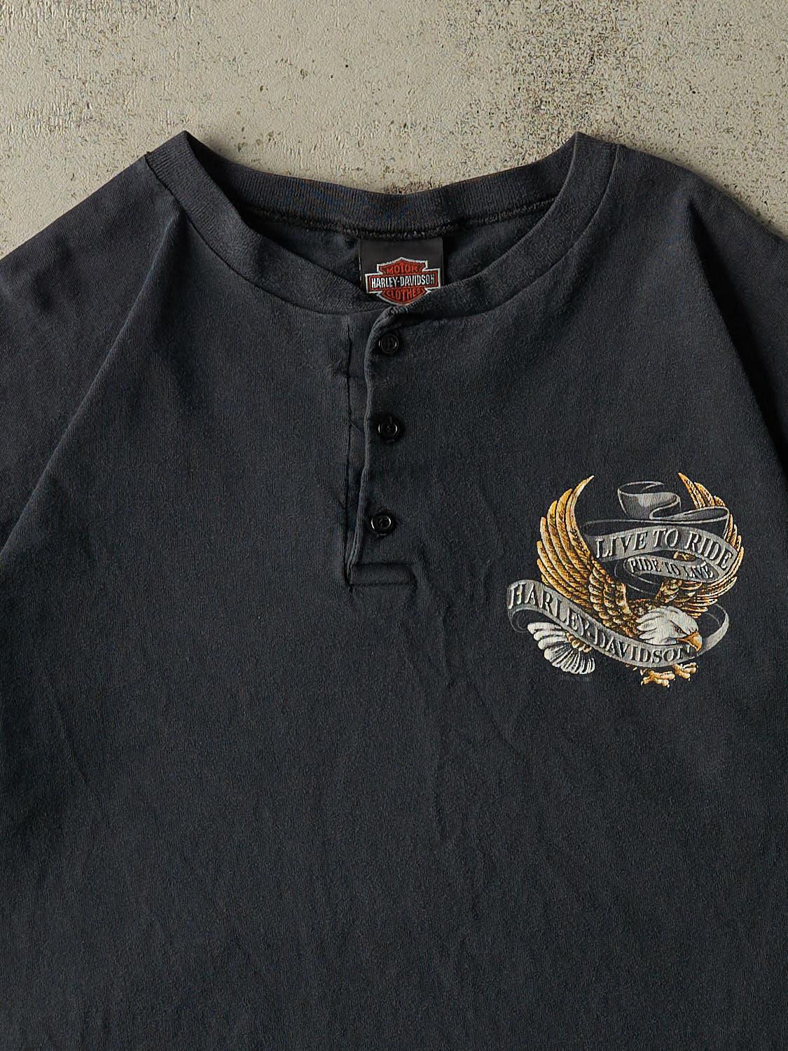 Vintage 90' Faded Black Harley Davidson Atlanta GA Quarter Button Single Stitch Tee (L/XL)
