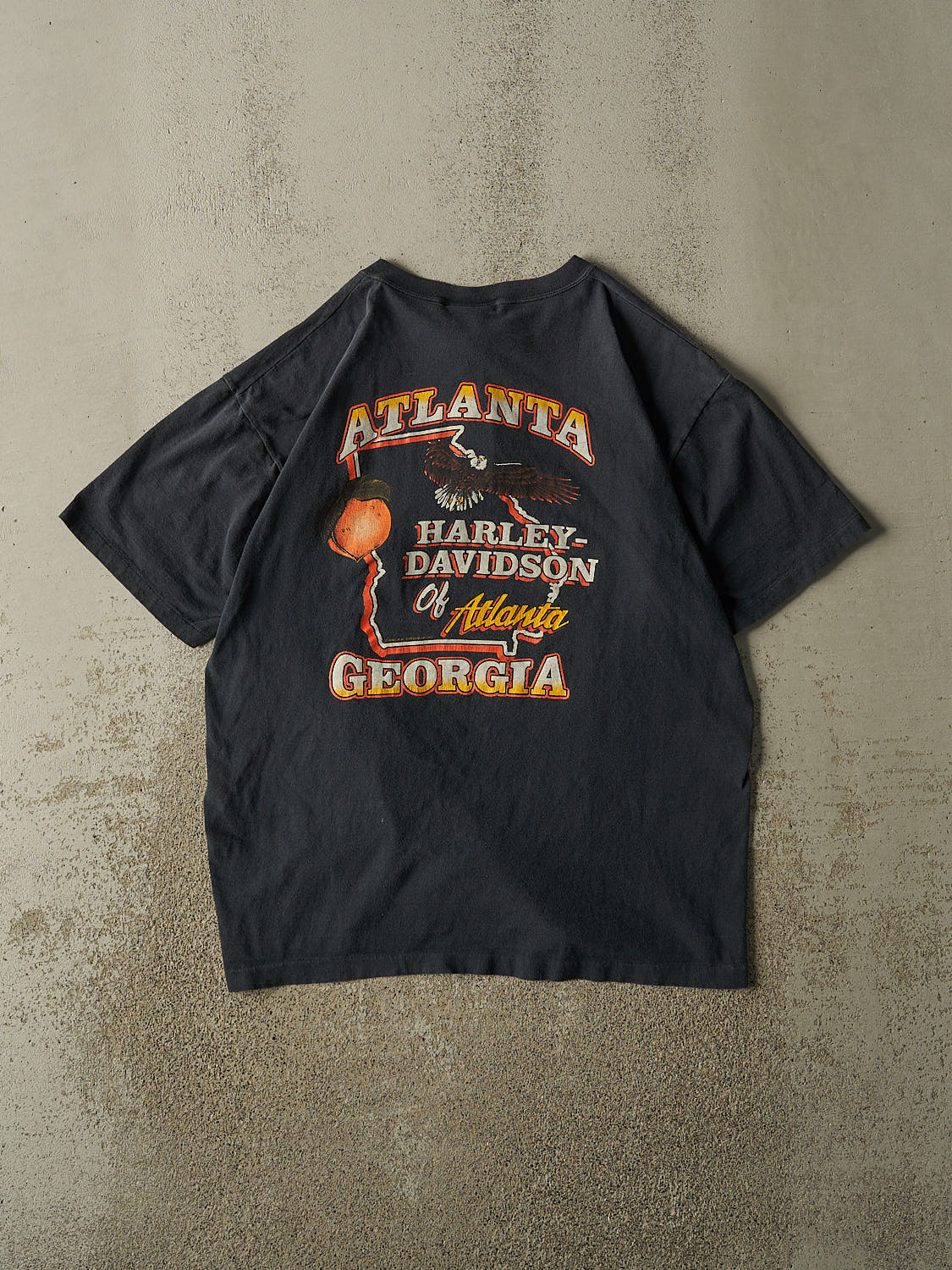 Vintage 90' Faded Black Harley Davidson Atlanta GA Quarter Button Single Stitch Tee (L/XL)