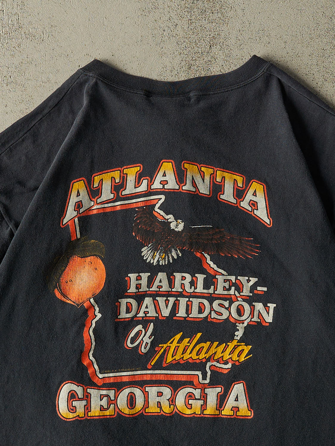 Vintage 90' Faded Black Harley Davidson Atlanta GA Quarter Button Single Stitch Tee (L/XL)