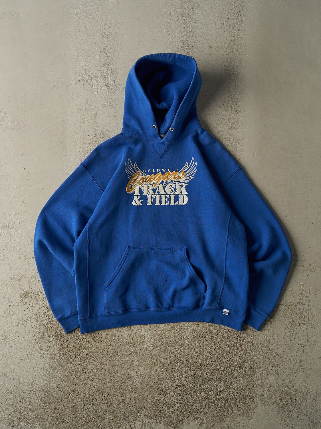 Vintage Y2K Blue Russell Athletic Caldwell Cougars Track & Field Hoodie (L/XL)