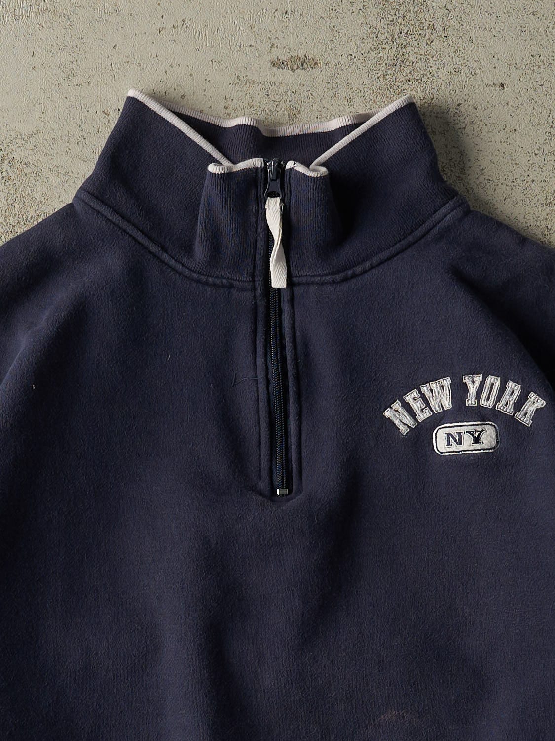 Vintage Y2K Navy Blue New York Embroidered Quarter Zip Sweater (M)