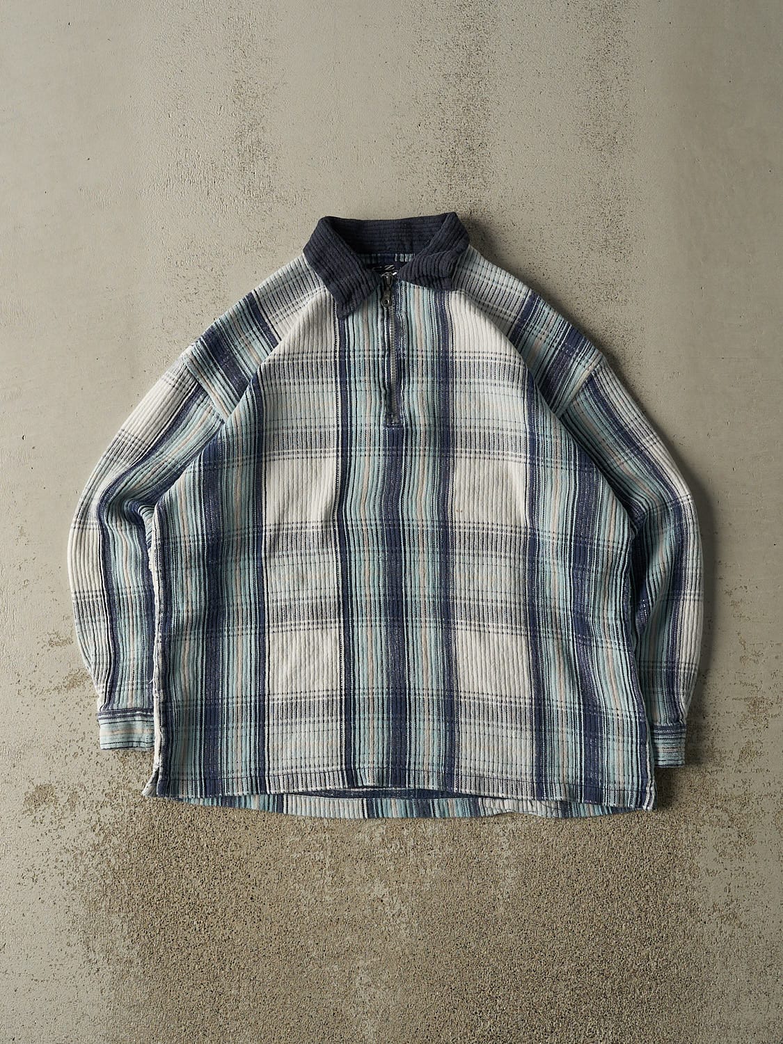 Vintage 90s Blue Plaid Quarter Zip Long Sleeve (L)