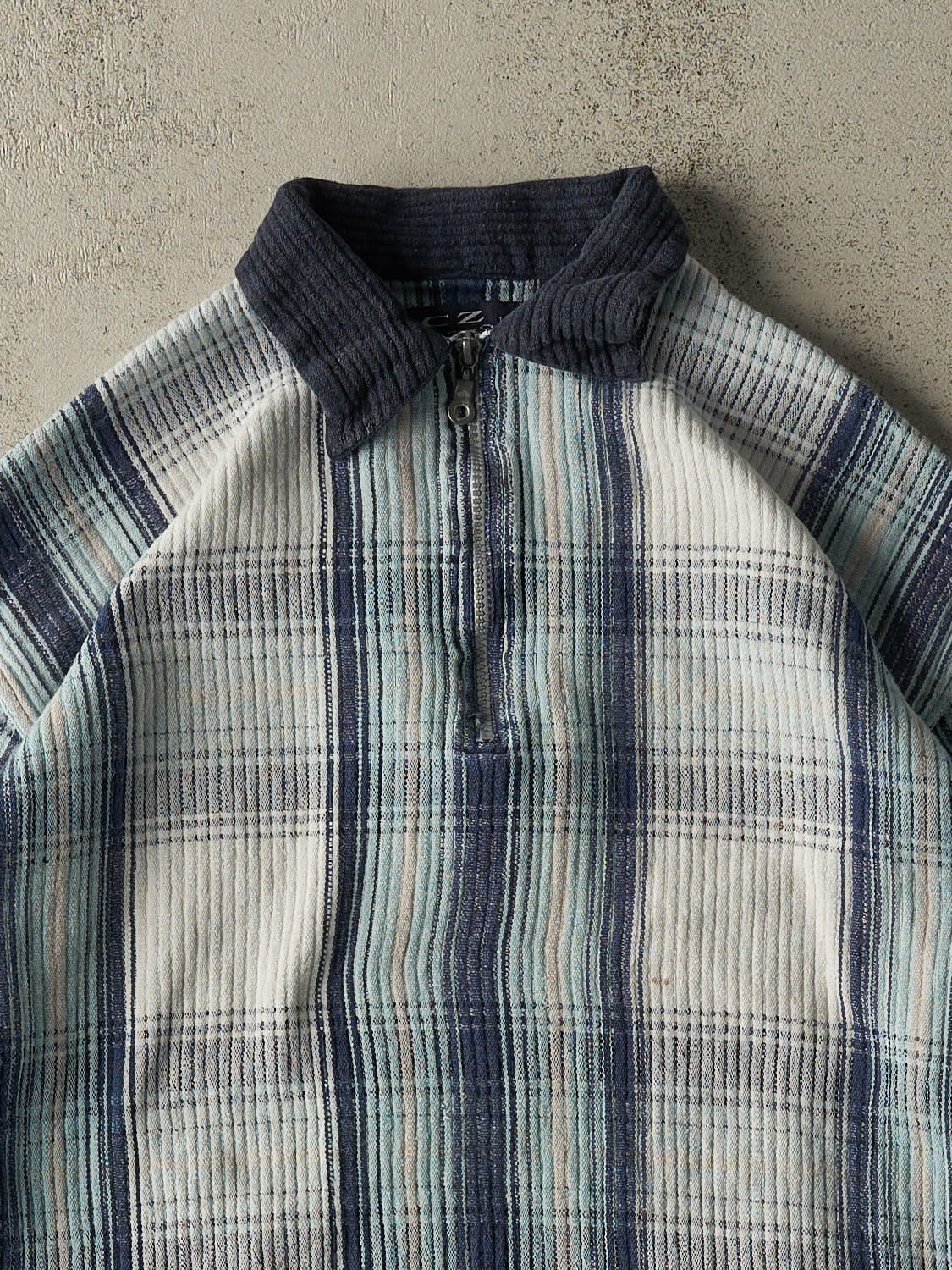 Vintage 90s Blue Plaid Quarter Zip Long Sleeve (L)