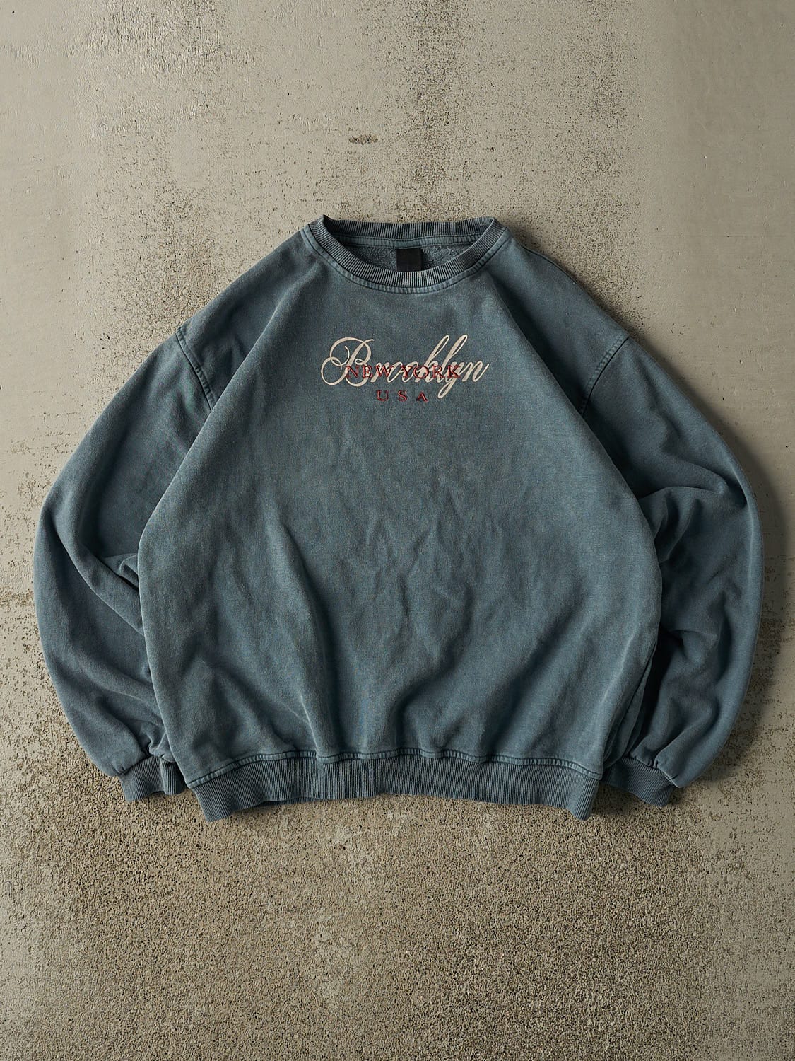 Vintage 90s Washed Green Brooklyn New York Embroidered Crewneck (S/M)
