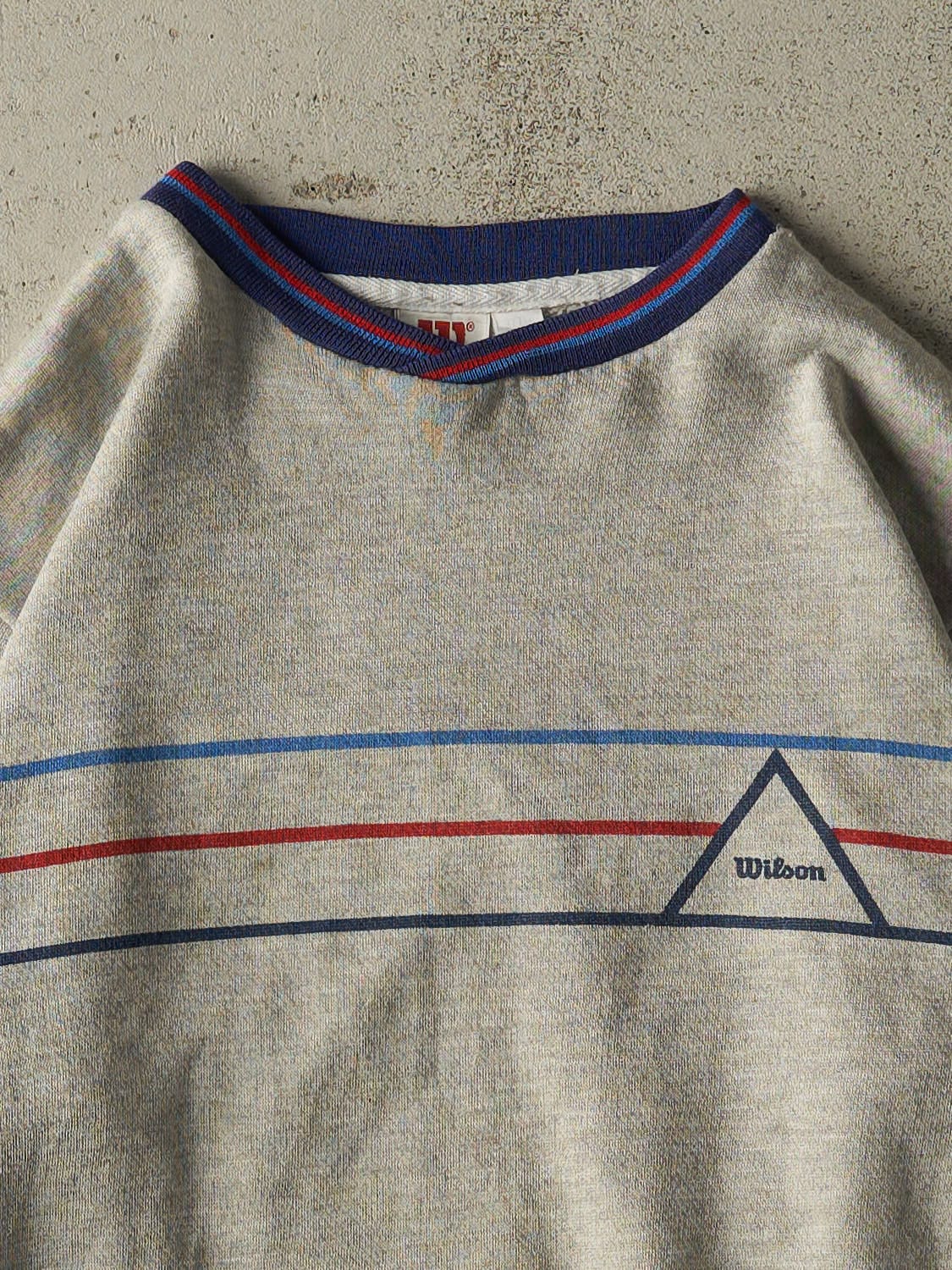 Vintage 80s Grey Wilson Striped Crewneck (S/M)