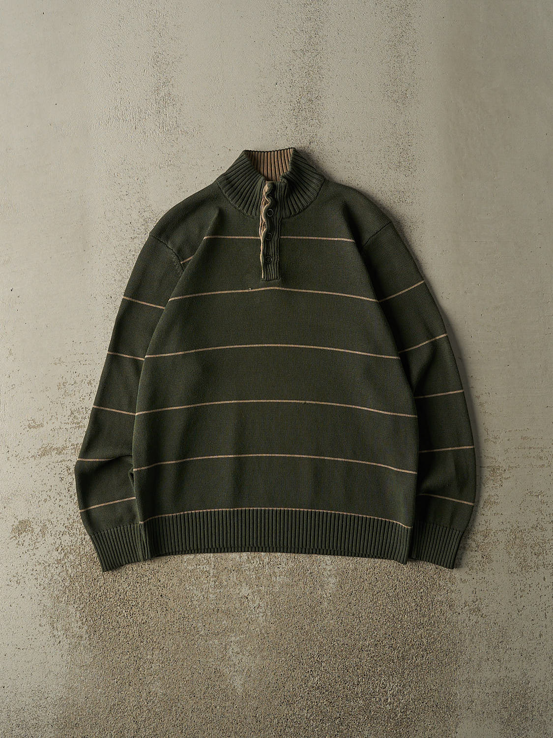 Vintage 90s Green Denver Hayes Striped Quarter Button Knit (M)