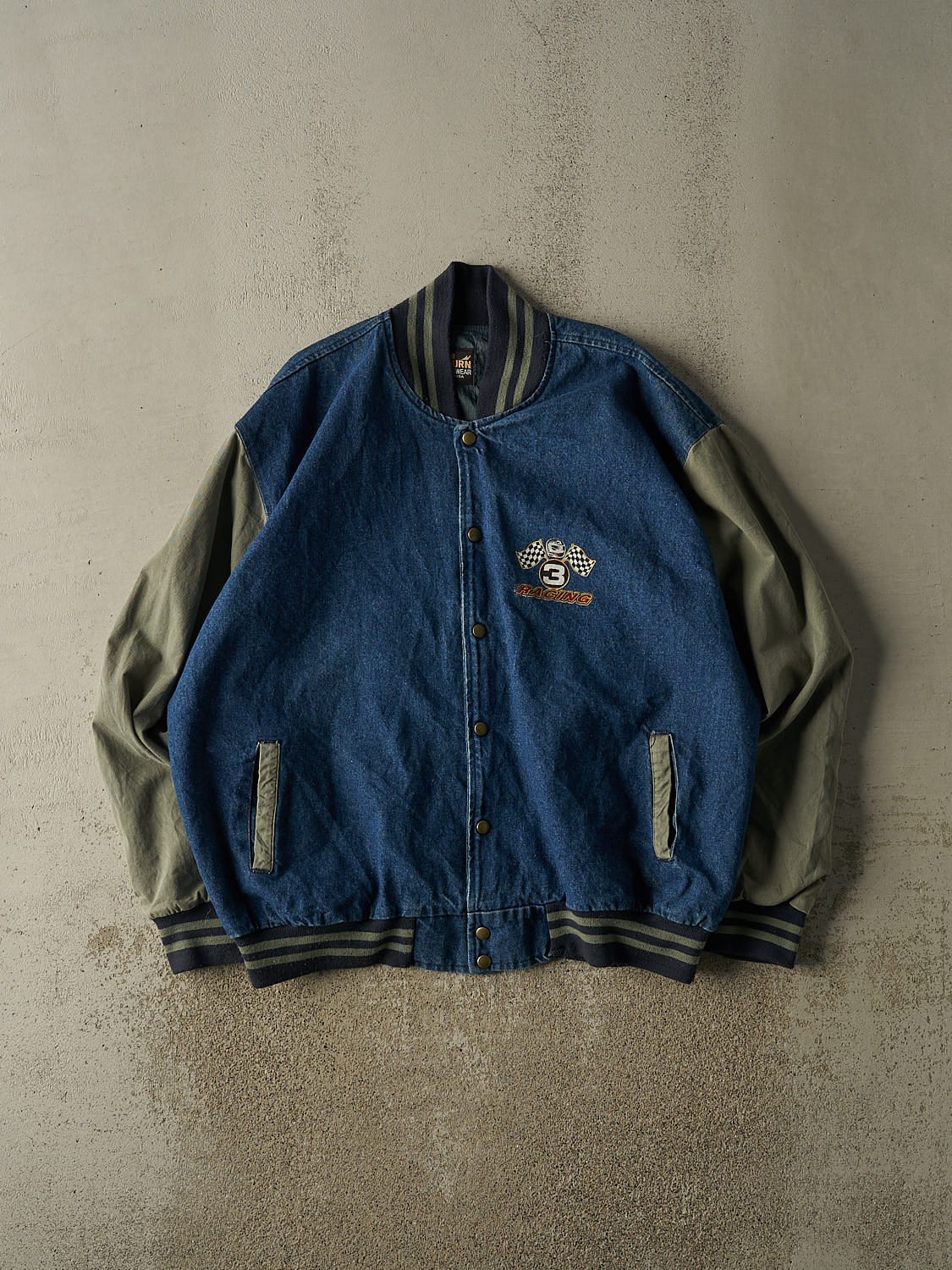 Vintage 90s Mid Wash Denim Racing Varsity Jacket (XXL/XXXL)