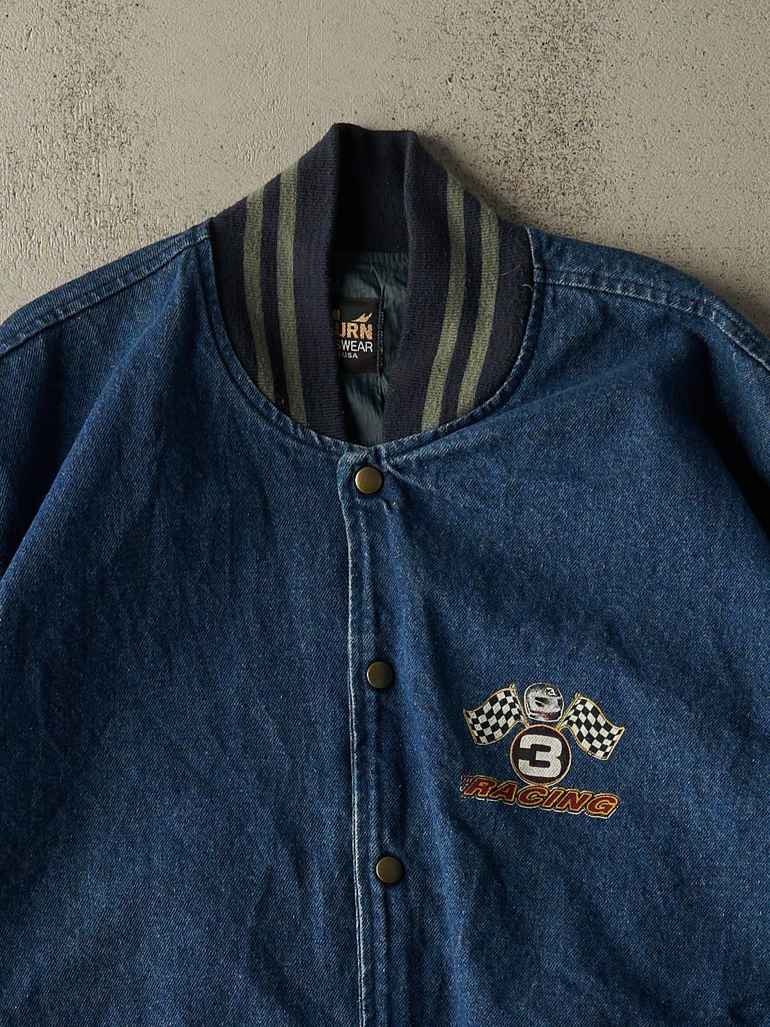 Vintage 90s Mid Wash Denim Racing Varsity Jacket (XXL/XXXL)
