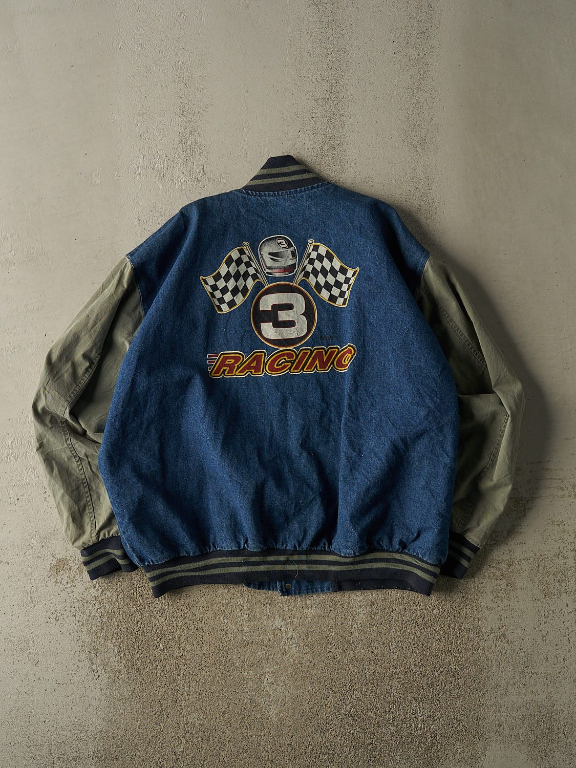Vintage 90s Mid Wash Denim Racing Varsity Jacket (XXL/XXXL)