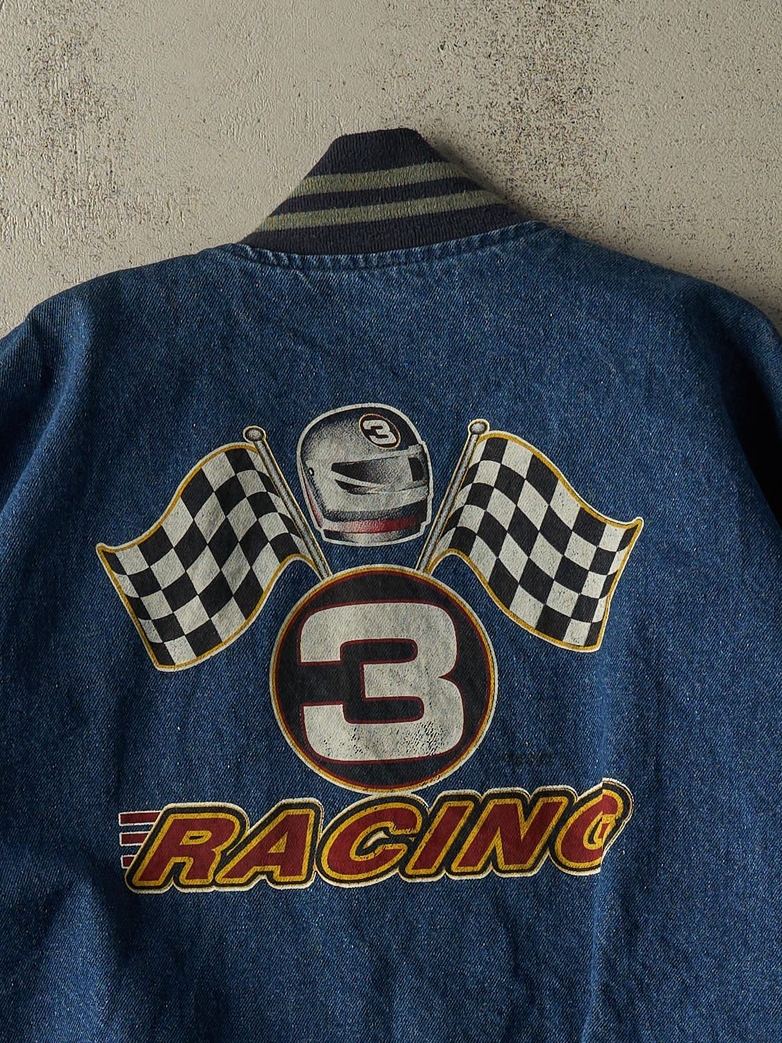 Vintage 90s Mid Wash Denim Racing Varsity Jacket (XXL/XXXL)