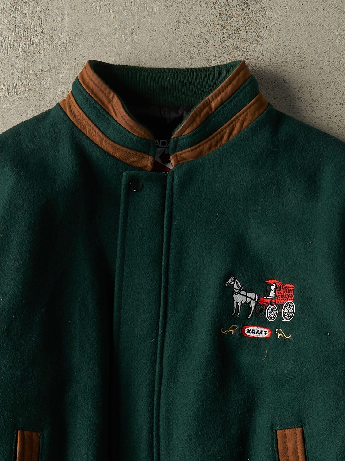 Vintage 90s Green Kraft Embroidered Varsity Jacket (L/XL)