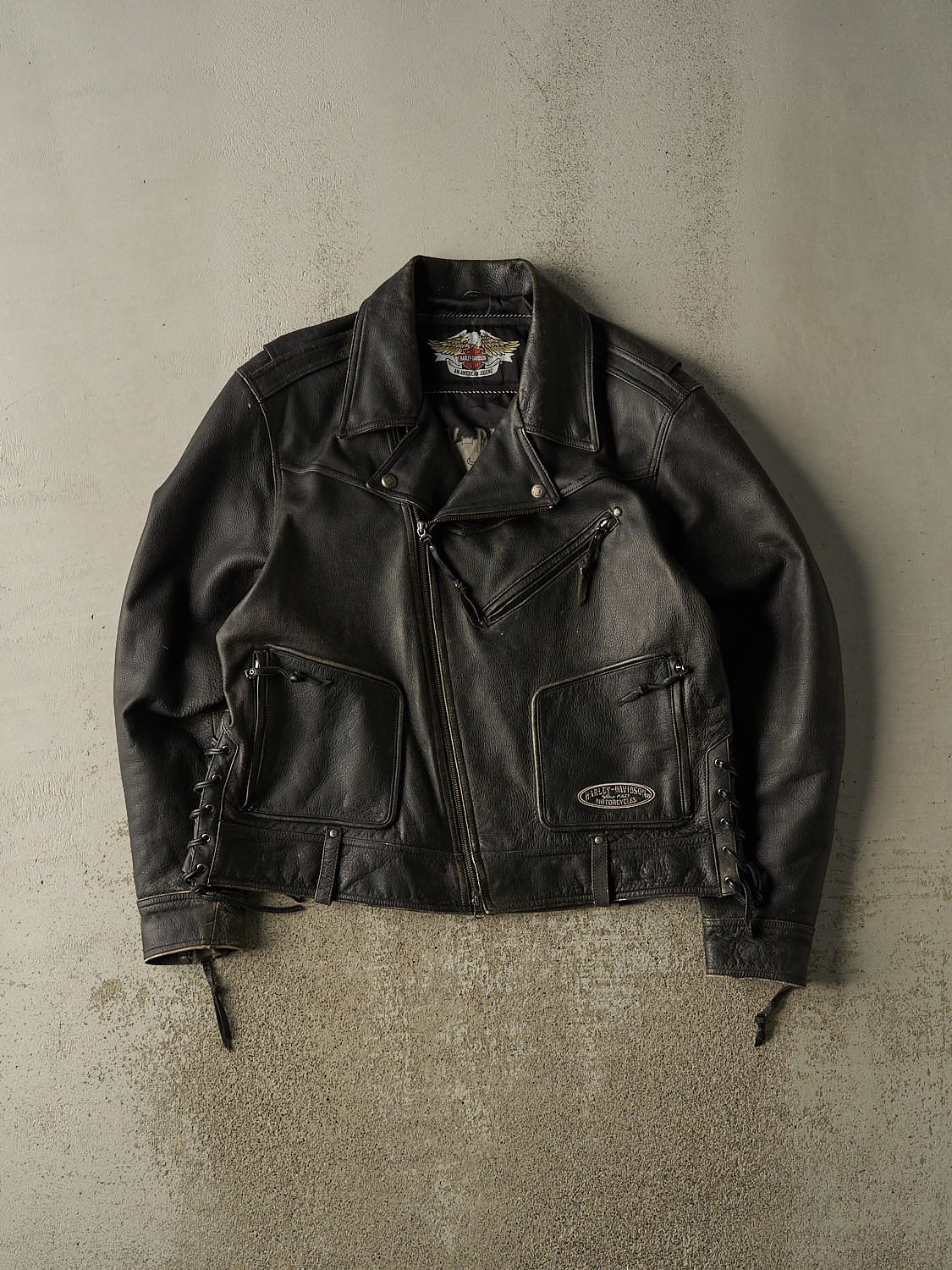 Vintage 90s Black Harley Davison Leather Biker Jacket (XL)