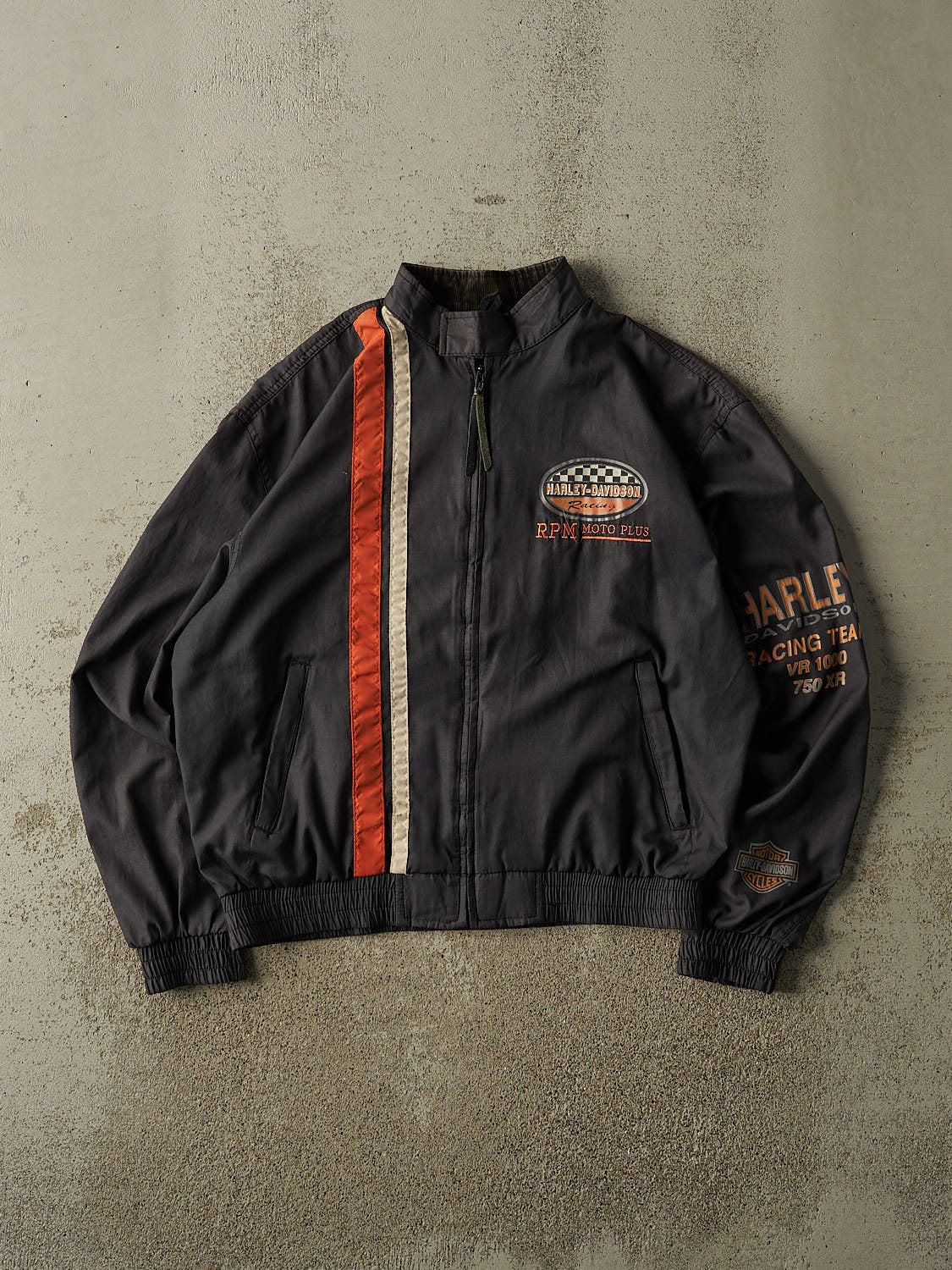 Vintage 90s Faded Black Harley Davison Racing Track Jacket (S/M)