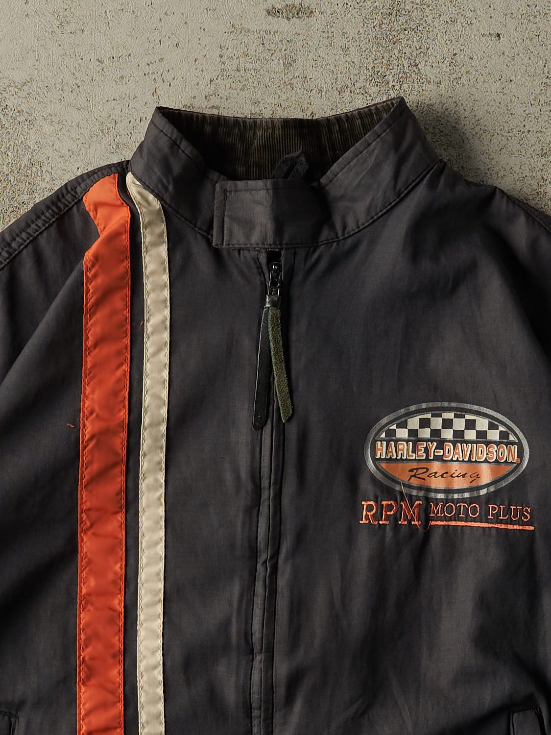 Vintage 90s Faded Black Harley Davison Racing Track Jacket (S/M)