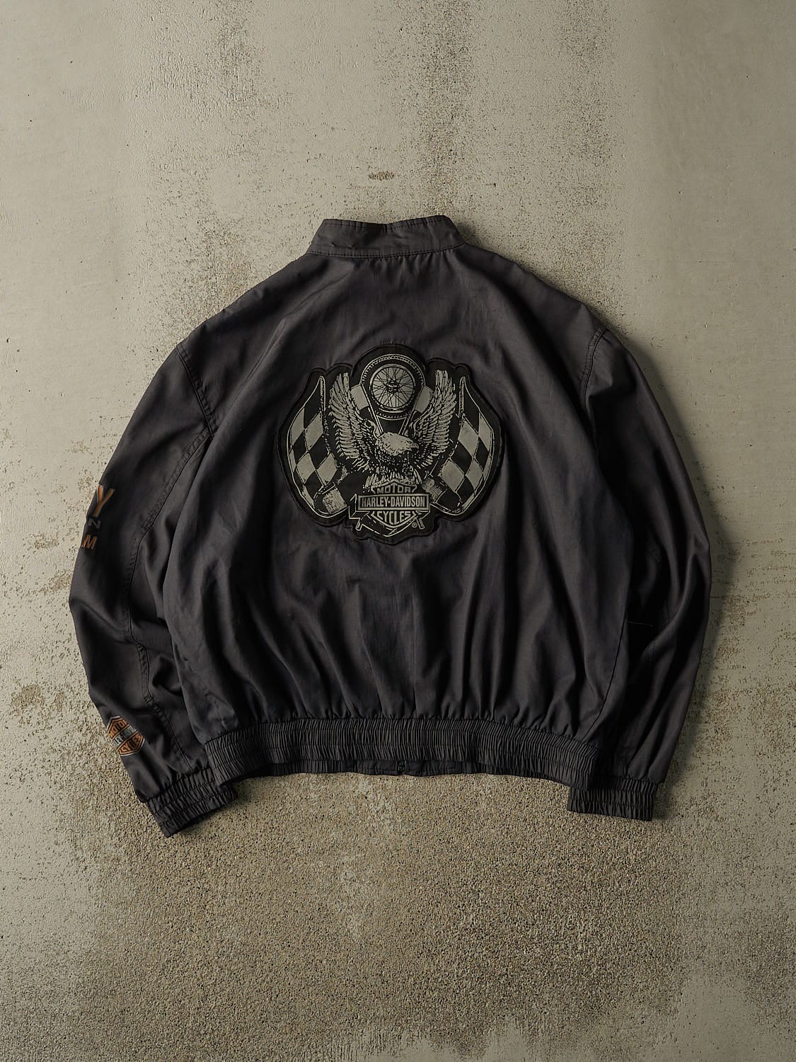 Vintage 90s Faded Black Harley Davison Racing Track Jacket (S/M)