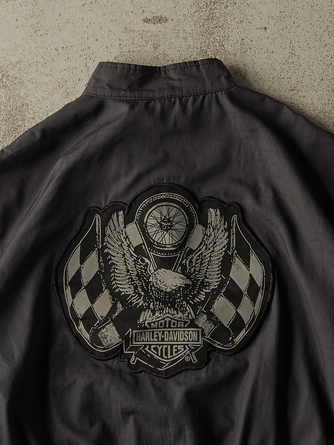 Vintage 90s Faded Black Harley Davison Racing Track Jacket (S/M)