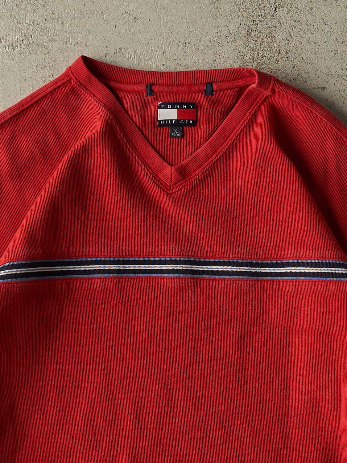 Vintage Y2K Red Tommy Hilfiger Striped Knit Longsleeve (XL/XXL)