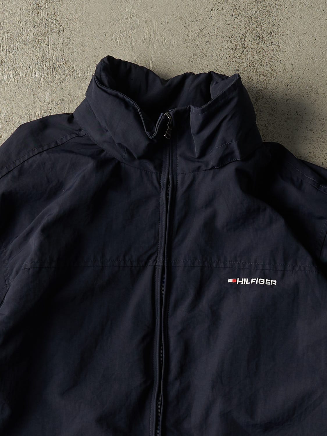 Vintage Y2K Navy Blue Tommy Hilfiger Embroidered Coaches Harrington Style Jacket (L/XL)