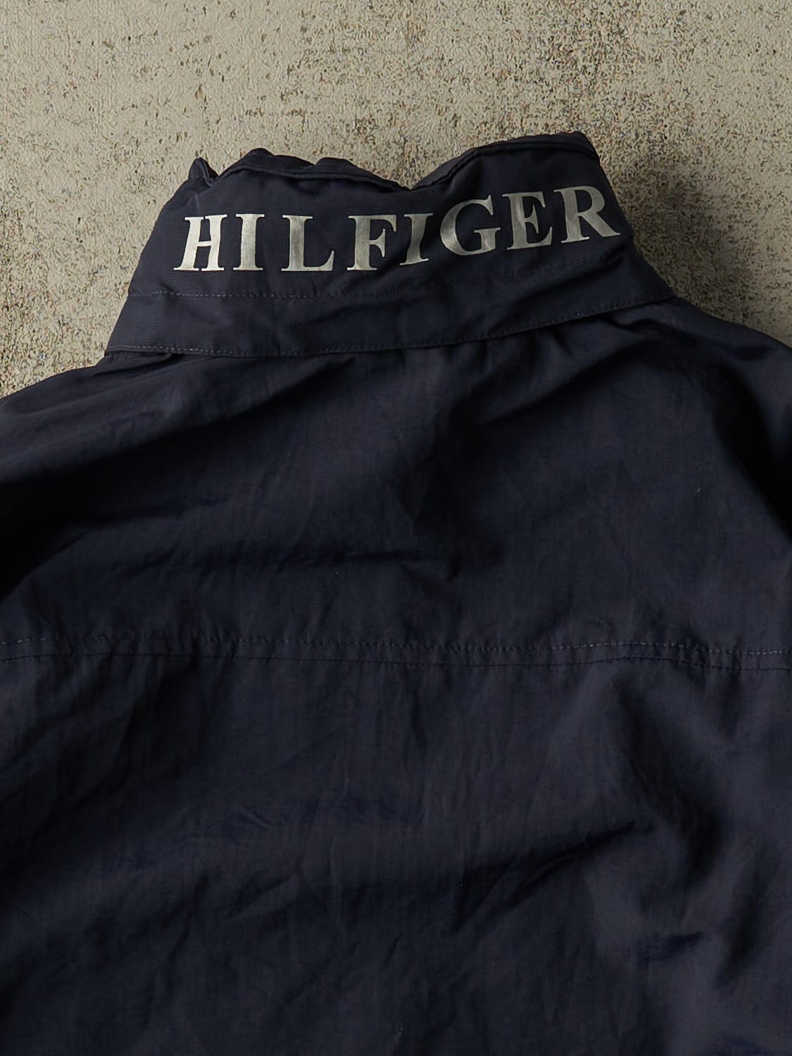 Vintage Y2K Navy Blue Tommy Hilfiger Embroidered Coaches Harrington Style Jacket (L/XL)