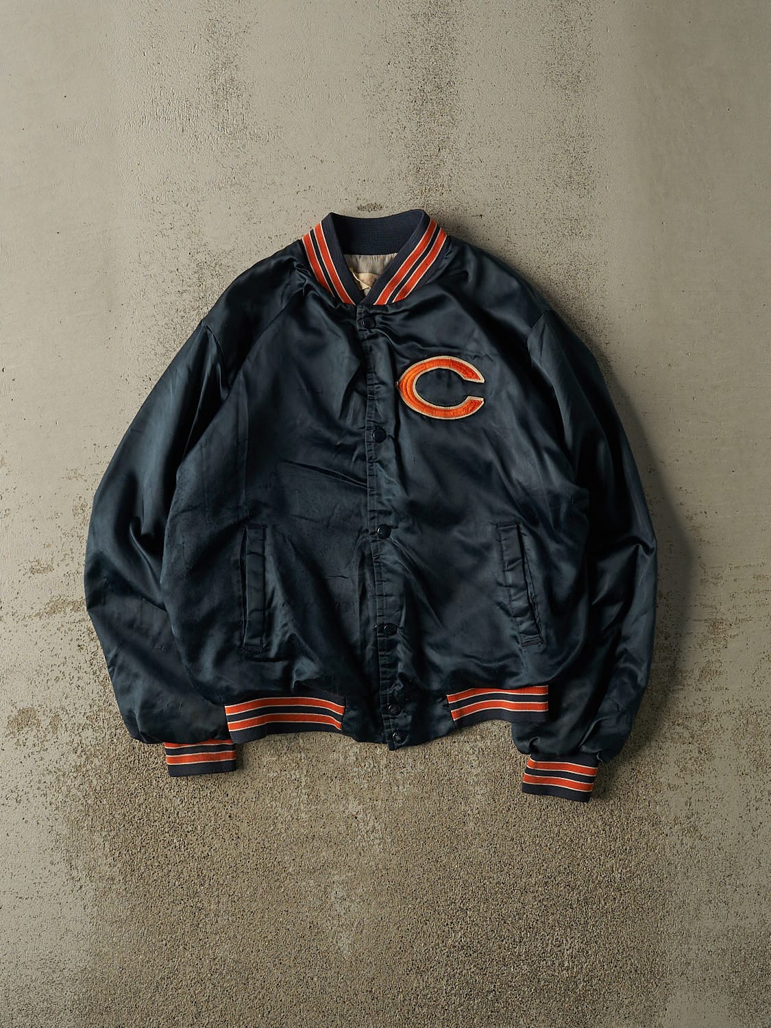 Vintage 80s Blue Chicago Bears Chalk Line Satin Bomber Jacket (XS/S)