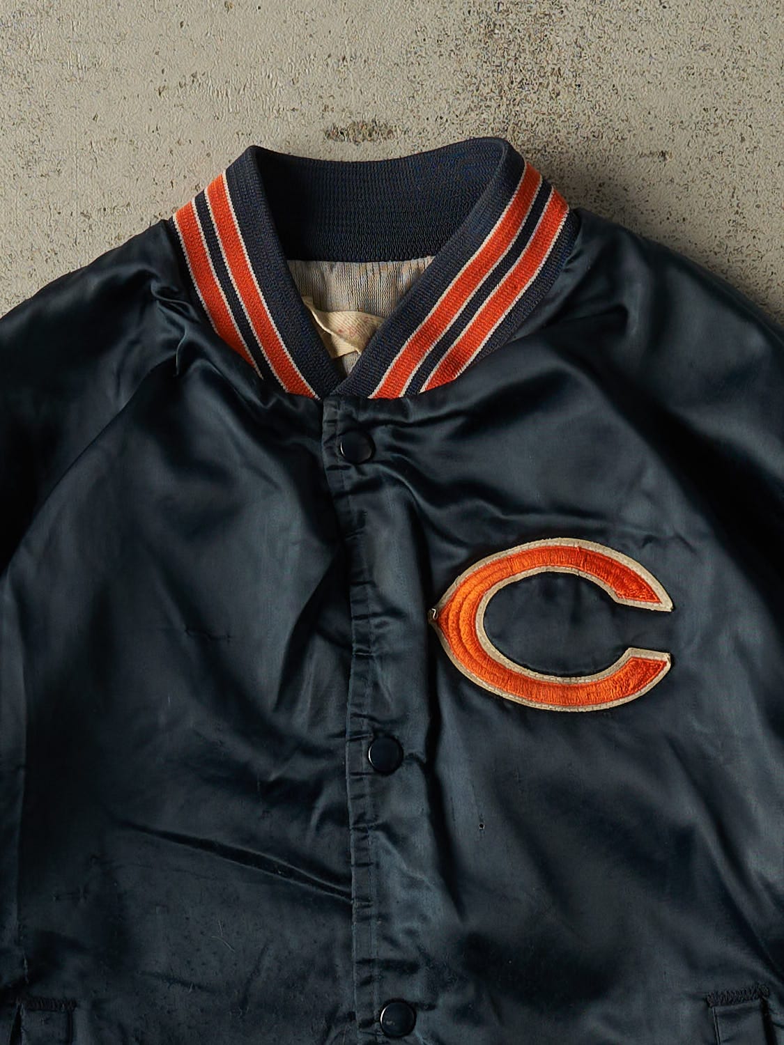 Vintage 80s Blue Chicago Bears Chalk Line Satin Bomber Jacket (XS/S)