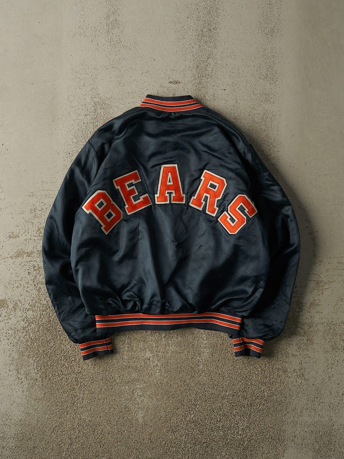 Vintage 80s Blue Chicago Bears Chalk Line Satin Bomber Jacket (XS/S)