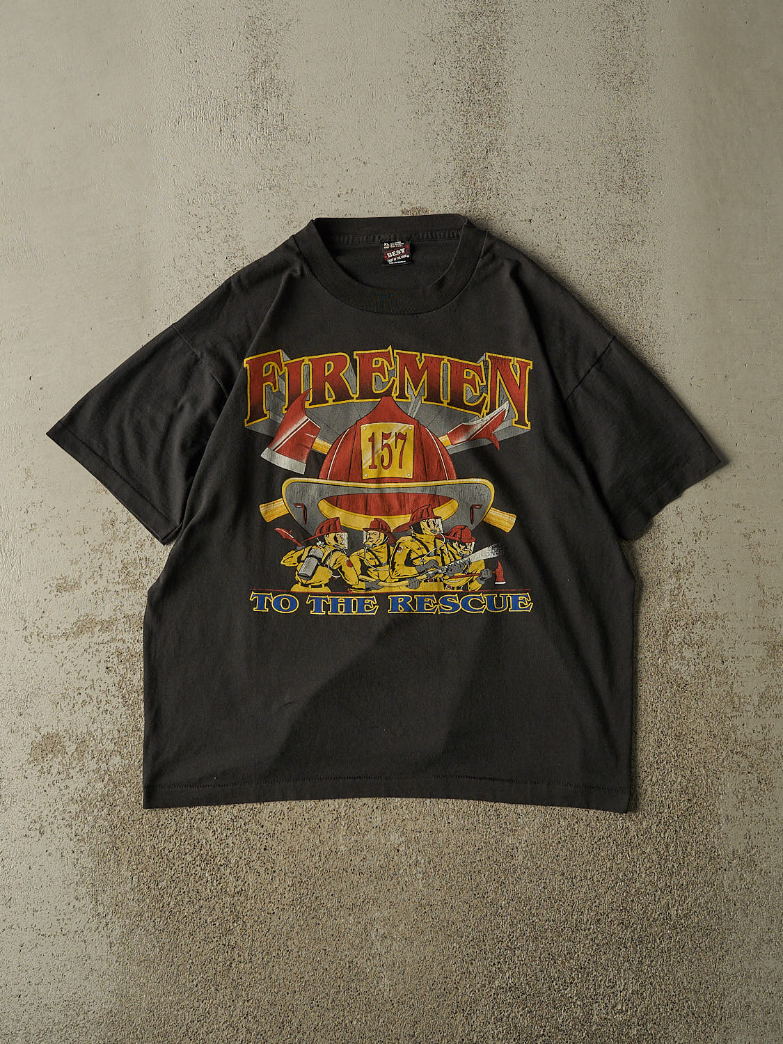 Vintage 90s Black Fireman To The Rescue Single Stitch Tee (L)