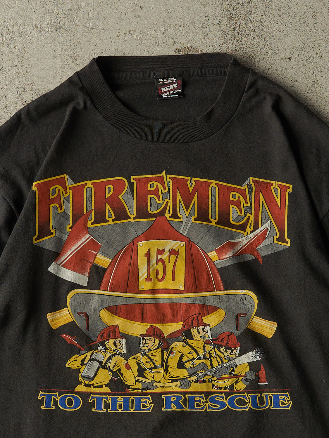 Vintage 90s Black Fireman To The Rescue Single Stitch Tee (L)
