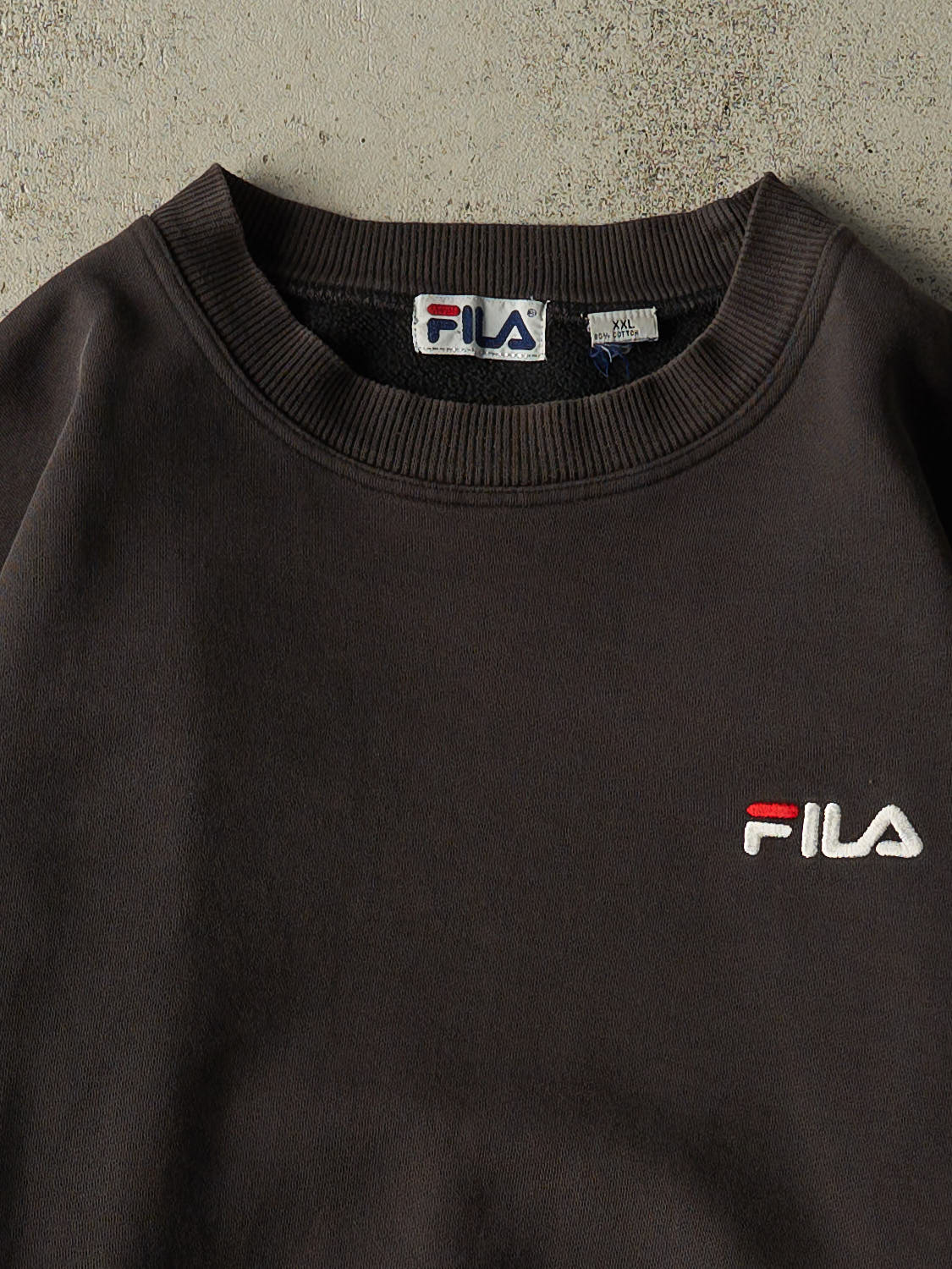 Vintage 90s Faded Black Fila Embroidered Crewneck (XL)