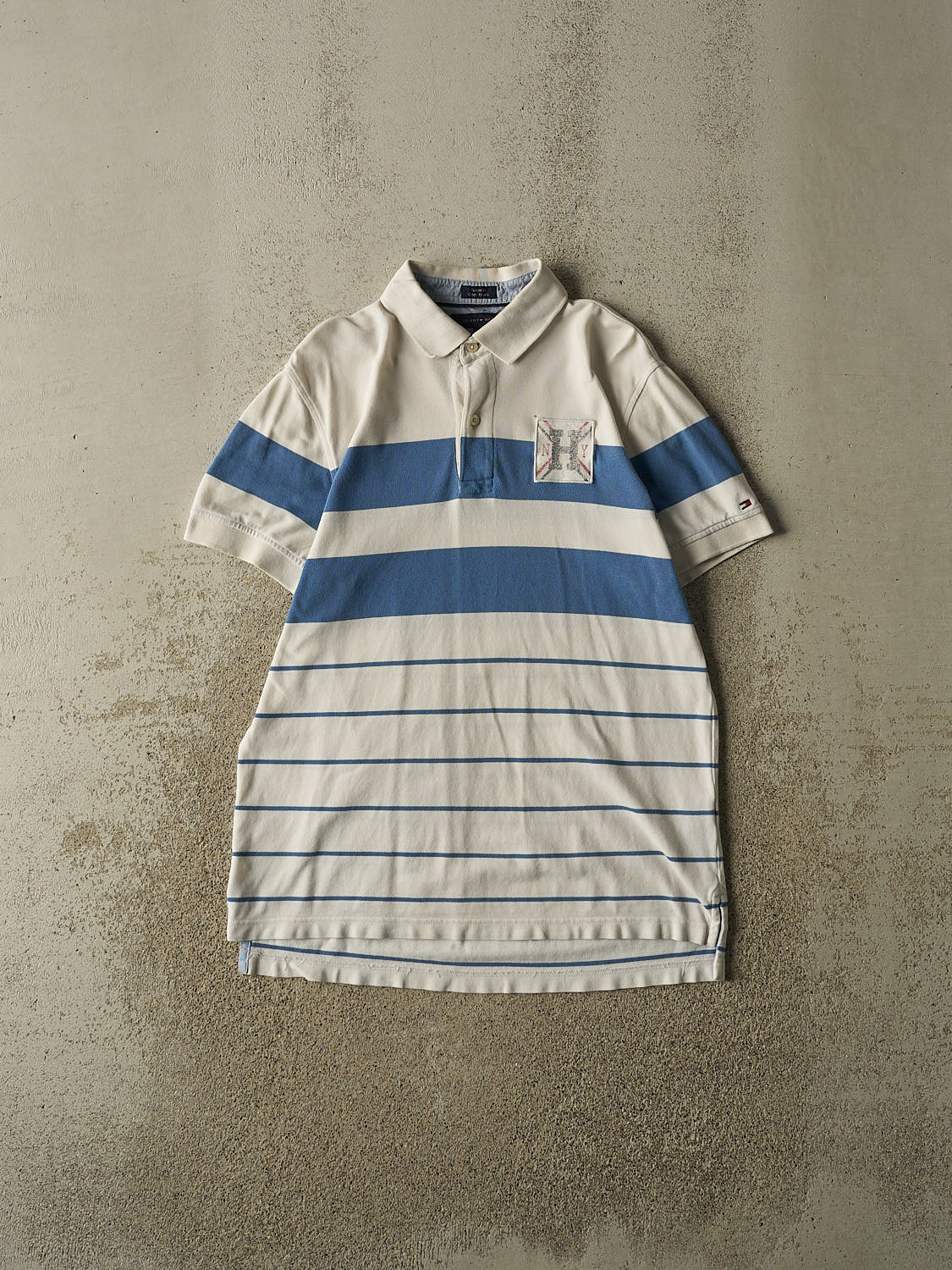 Vintage Y2K White Tommy Hilfiger Striped Quarter Button Tee (M/L)