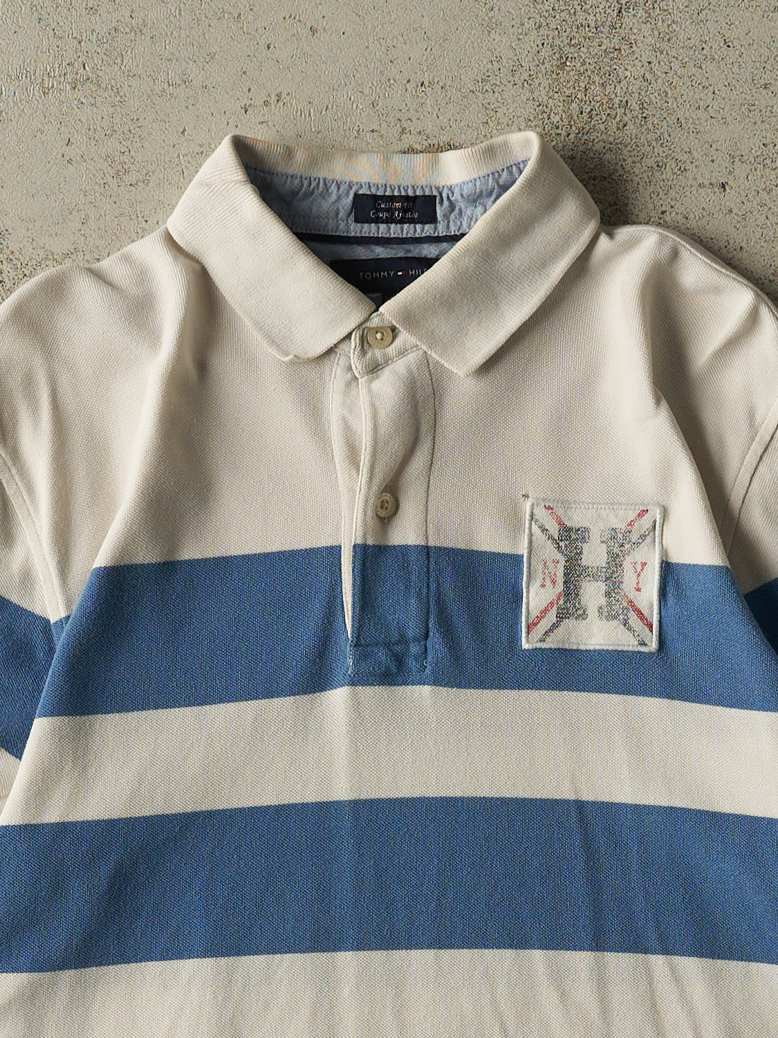 Vintage Y2K White Tommy Hilfiger Striped Quarter Button Tee (M/L)
