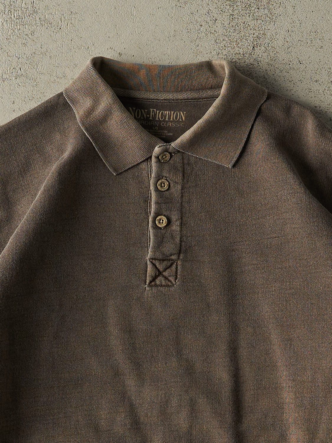 Vintage Y2K Brown Non-Fiction Quarter Button Sweater (L/XL)