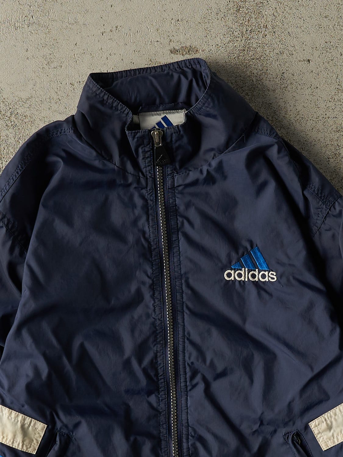 Vintage 90s Navy Blue Adidas Embroidered Windbreaker Jacket (XXS)