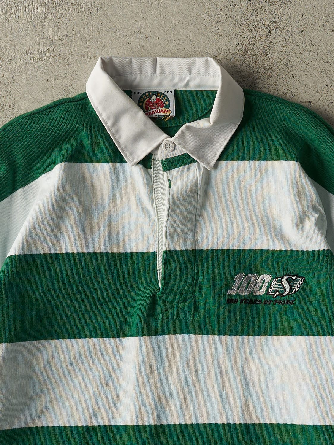 Vintage 10' Green and White Striped Saskatchewan Roughriders Rugby Long Sleeve (XL)