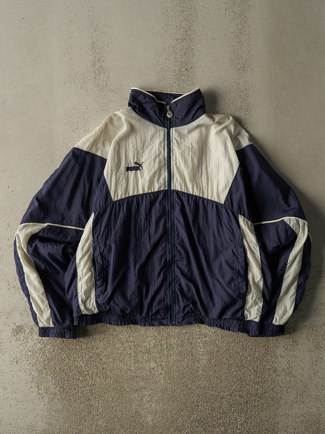 Vintage 90s Navy Blue & White Puma Zip Up Windbreaker Jacket (M/L)