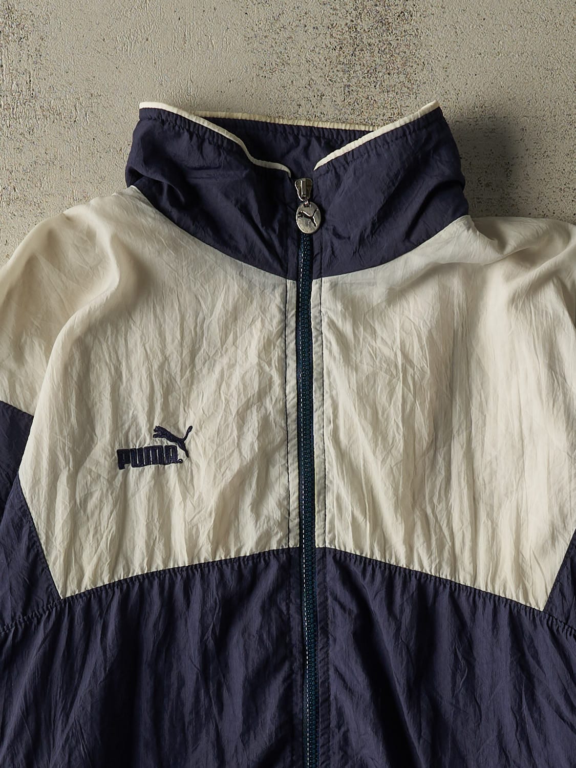 Vintage 90s Navy Blue & White Puma Zip Up Windbreaker Jacket (M/L)