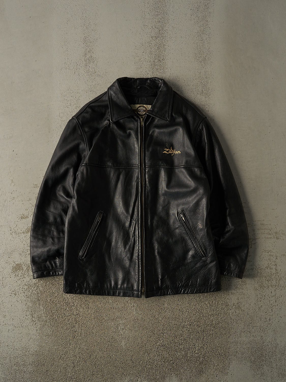 Vintage 90s Black Zildjian Embroidered Leather Jacket (XL)