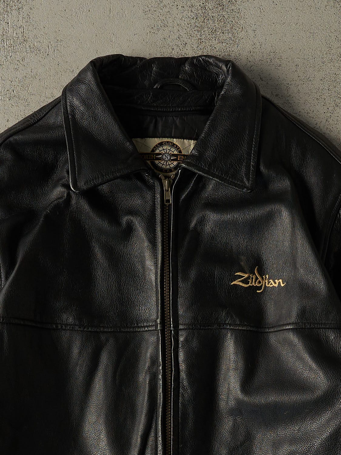 Vintage 90s Black Zildjian Embroidered Leather Jacket (XL)